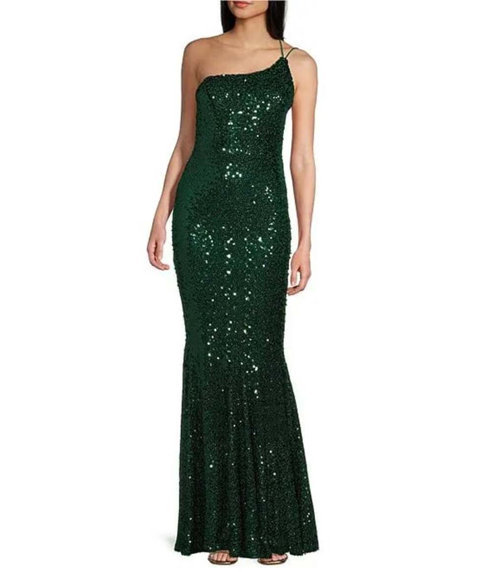 Midnight Doll Emerald Green Sequin One-Shoulder Mermaid Evening Gown